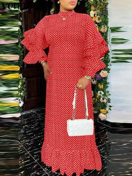 Женское платье Макси VONDA, Винтажное платье с принтом в горошек, 2023, Vestidos с длинным рукавом и вырезом-стойкой, Плиссированный праздничный сарафан