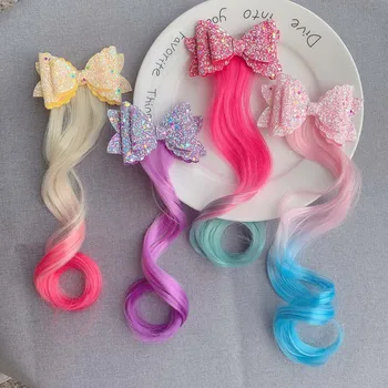 Банты, повязки на голову, резинки для волос принцессы, галстуки, Красочные парики для девочек, заколки для волос в виде единорога, головные уборы, коса, Детские подарочные аксессуары