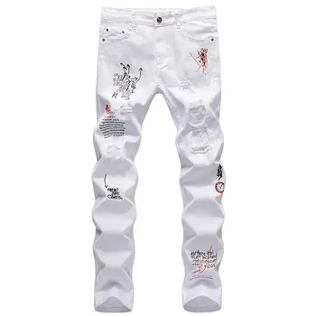 Модные буквы с вышивкой Белые узкие джинсы Брюки Мужские Хип-хоп панк Повседневные Мотоциклетные рваные джинсовые брюки Уличная одежда