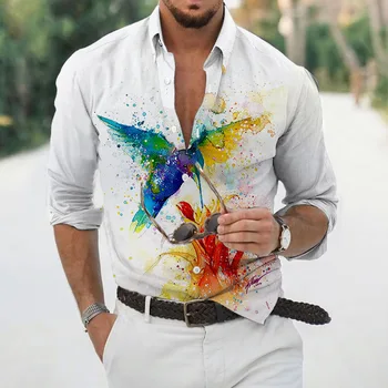 Новая летняя гавайская рубашка с птичьим цветком, мужская футболка с 3D принтом животных с длинными рукавами, пляжный отдых, футболка размера плюс, мужская S-6XL
