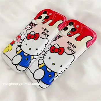 Чехол для телефона с росписью Kawaii Sanrio, милый мультяшный кремовый рисунок Hello Kitty, подходит для Iphone 15, мягкий клейкий чехол для телефона с защитой от падения.